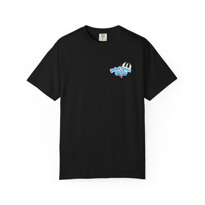 Black t-shirt with a logo on the chest against a white background
