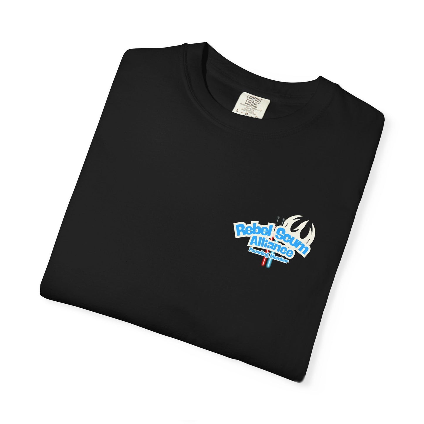 Folded black t-shirt with a logo on a white background