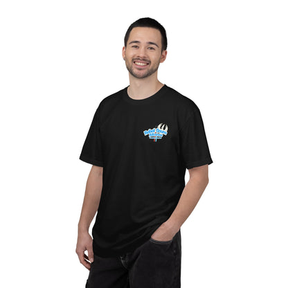 Man wearing a black t-shirt with a logo on a white background