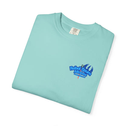 Folded light blue t-shirt with a logo on a white background