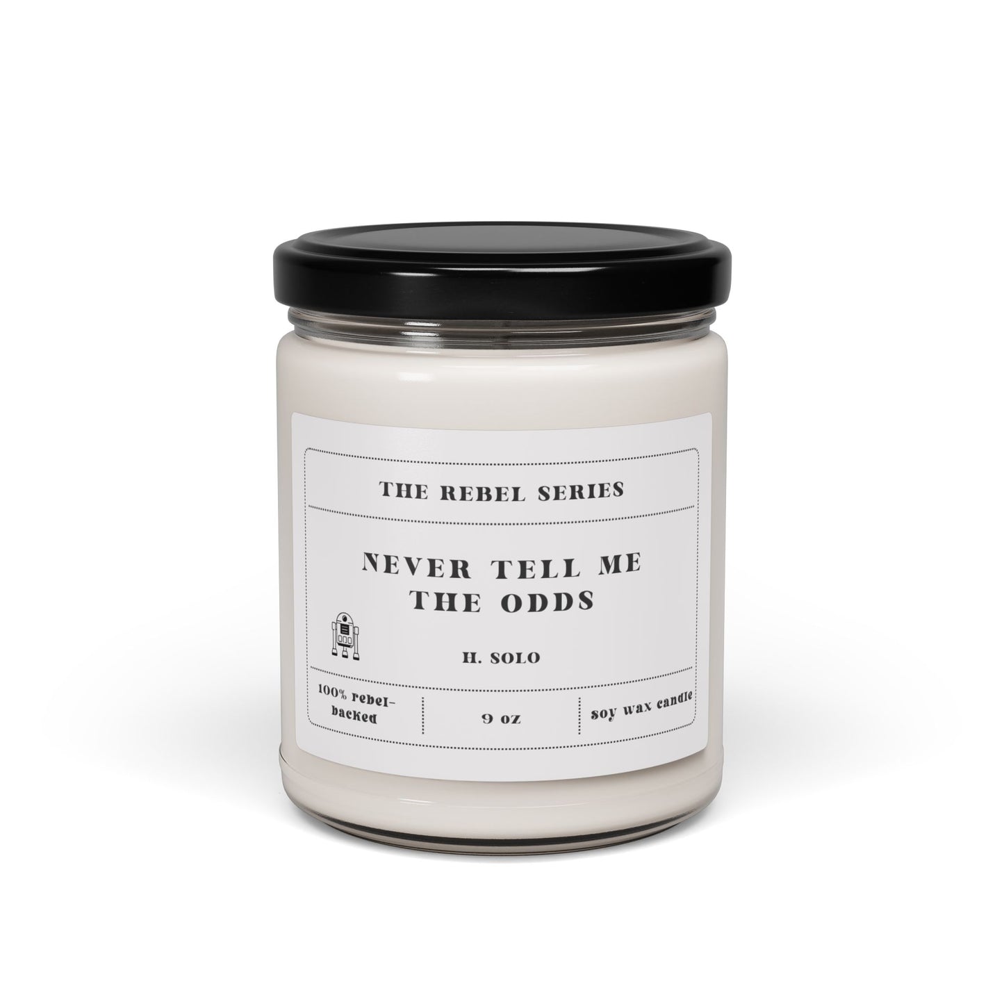 Candle jar with a label on a white background