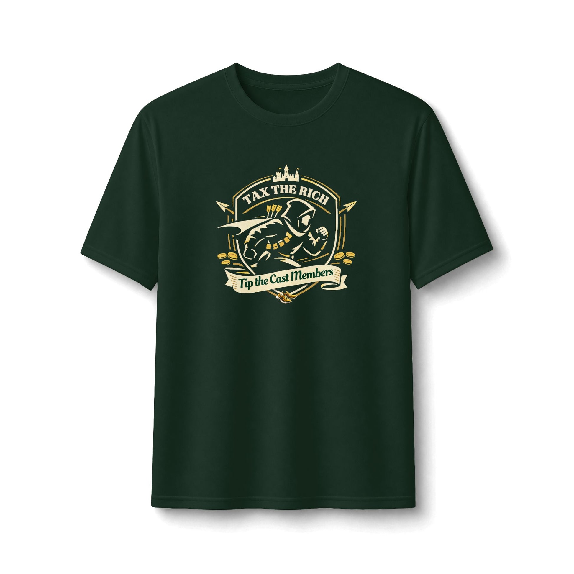 forest green shirt with an image of a hooded figure and arrows with the words Tax the Rich, Tip the Cast members