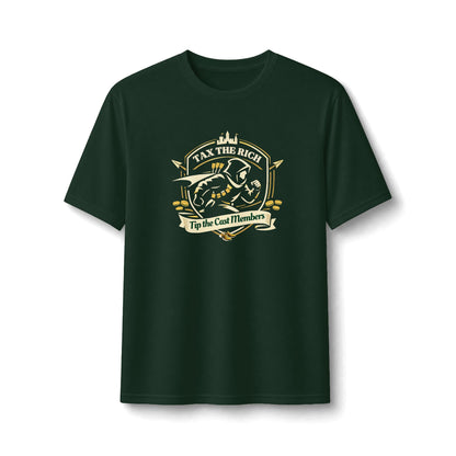 forest green shirt with an image of a hooded figure and arrows with the words Tax the Rich, Tip the Cast members