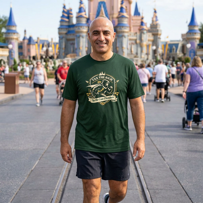 A man walking toward the camera in front of a castle at a theme park, wearing a dark green graphic T-shirt and dark shorts. The shirt features a gold and white graphic with the text 'Tax the Rich, Tip The Cast Members