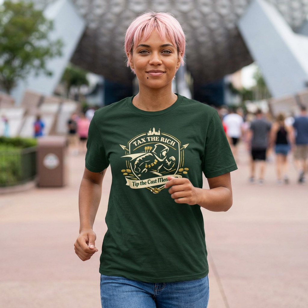 A woman with short pink hair wearing a dark green graphic t-shirt and blue jeans, standing outdoors in front of epcot. The t-shirt features a gold and white graphic with a bison and the text 'TAX THE RICH' and 'Tip the Cast Members'.
