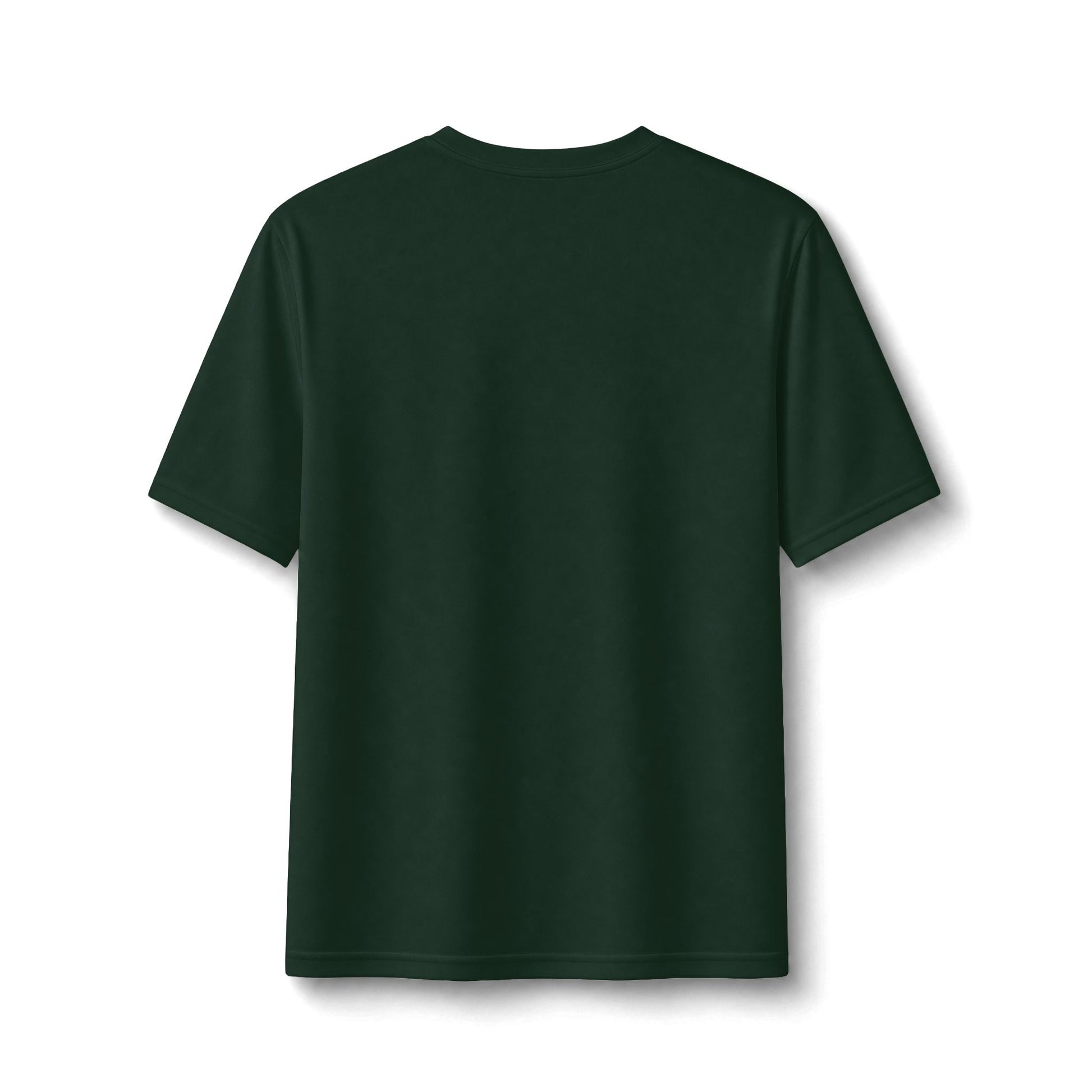 A dark forest green short-sleeve crewneck t-shirt shown from the back, isolated on a white background with a soft drop shadow.