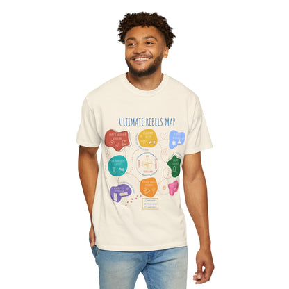 Man wearing a cream t-shirt with colorful graphics and text on a white background