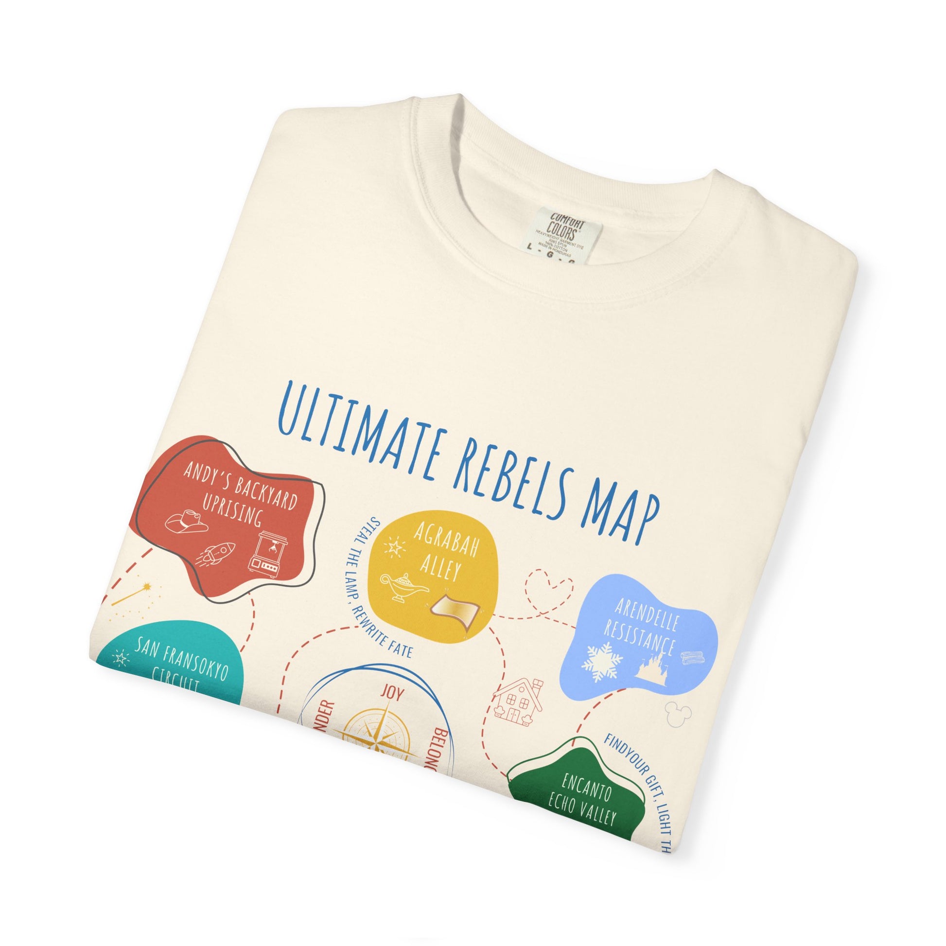 Folded shirt with 'Ultimate Rebels Map' design on a white background
