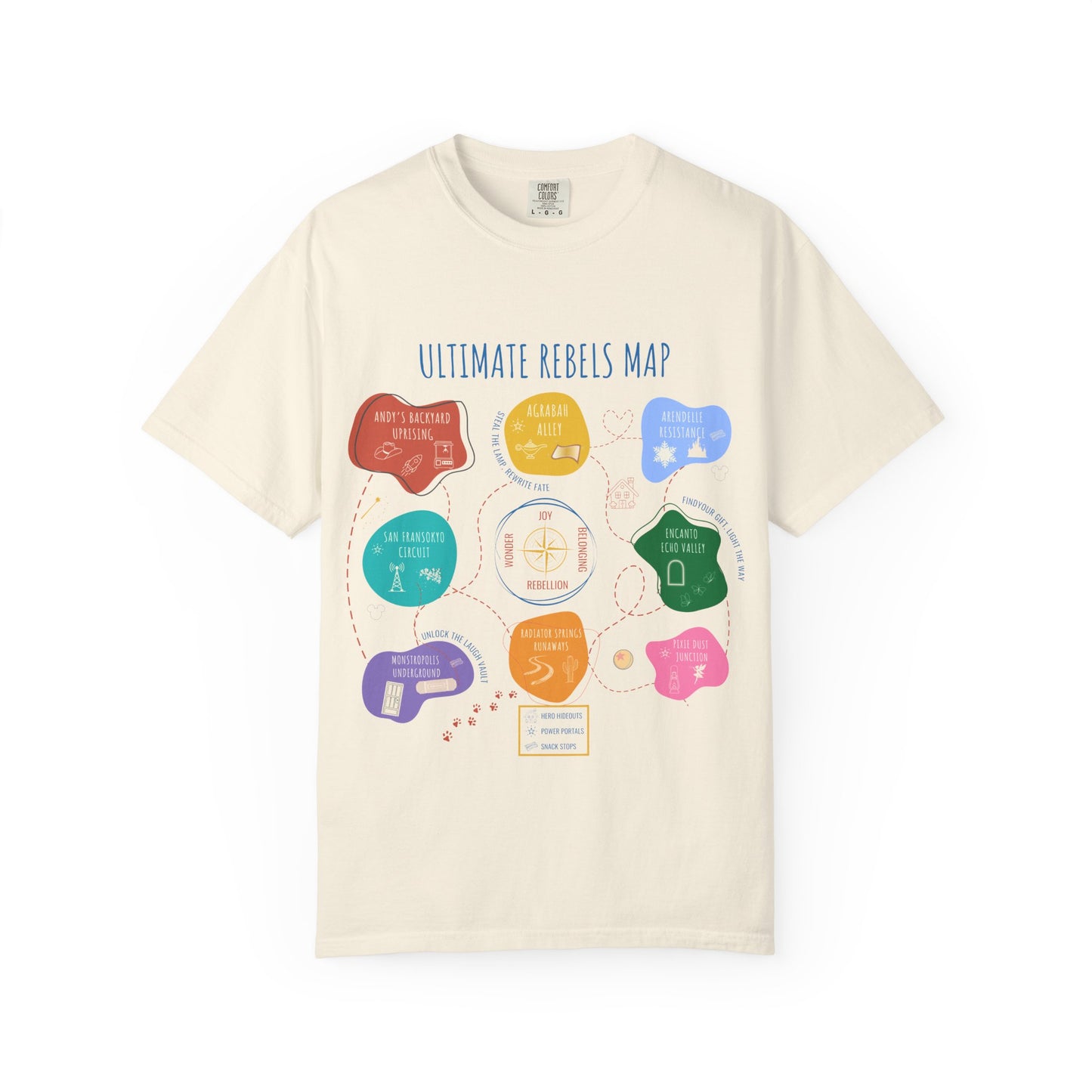 Beige t-shirt with colorful graphic design and text on a white background
