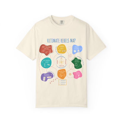 Beige t-shirt with colorful graphic design and text on a white background