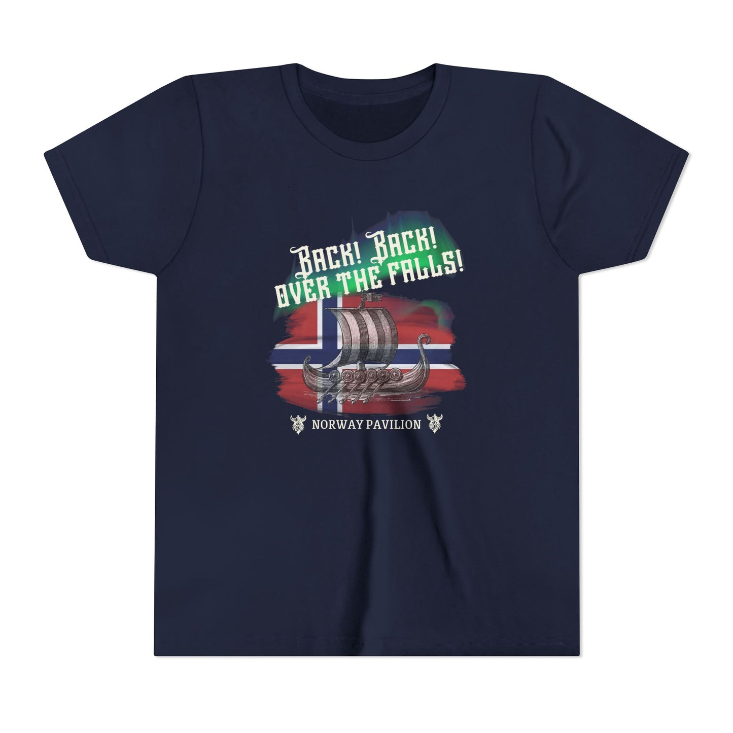 Navy blue t-shirt with a graphic design featuring a ship and text on a white background