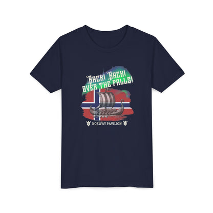 Navy blue t-shirt with colorful graphic design on a white background