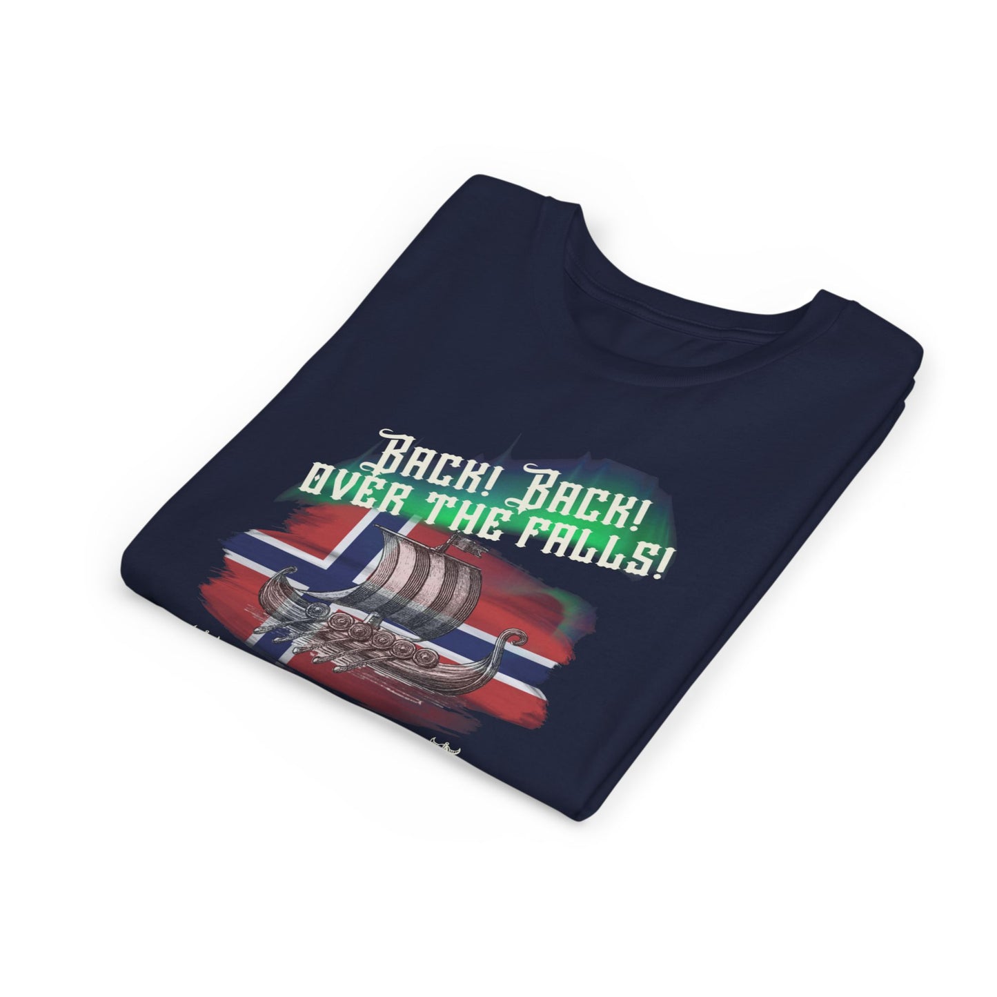 Folded navy blue t-shirt with graphic design and text on a white background