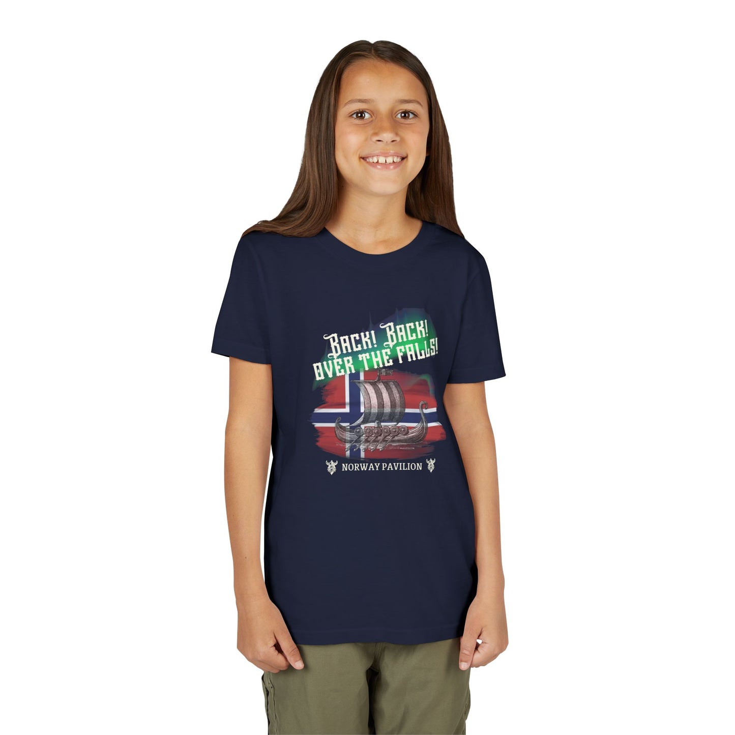 Girl wearing a navy blue t-shirt with a graphic design on a white background