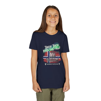 Girl wearing a navy blue t-shirt with a graphic design on a white background