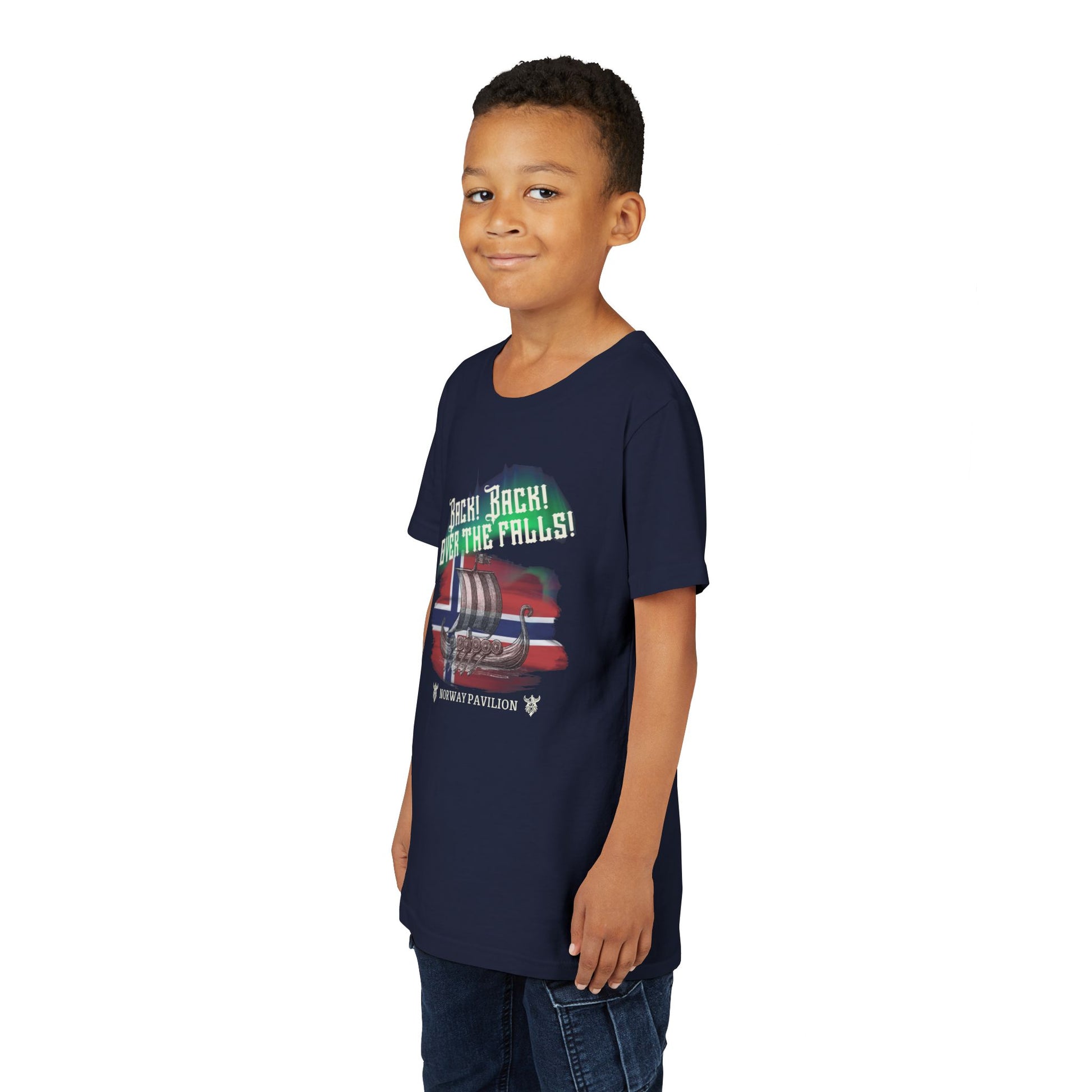 Child wearing a navy blue t-shirt with a colorful graphic design on a white background